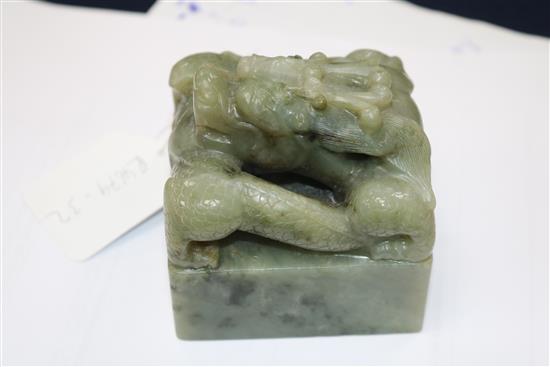 A Chinese green stone dragon seal, 3.25in. (8.3cm)